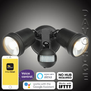 20774/06 Brilliant Smart Security Twin LED Flood Light With Sensor. Smart LED CCT Twin Security Light to work with Brilliant Smart App. brilliant smart products available from Davoluce Lighting