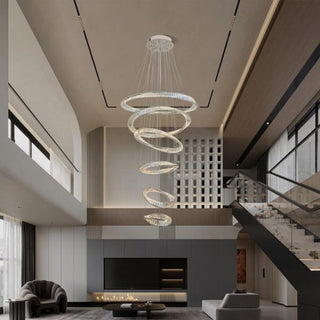 Saturn Crystal 6 Ring Pendant. Similar to Lucretia pharaoh bespoke chandelier. Large crystal modern pendant for voids. crystal contemporary pendants for staircases