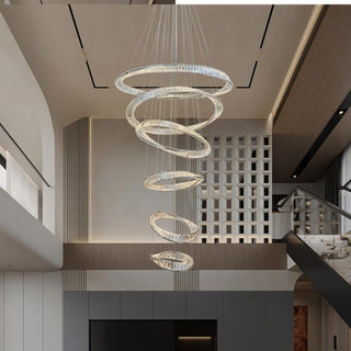 Saturn Crystal 6 Ring Pendant. Similar to Lucretia pharaoh bespoke chandelier. Large crystal modern pendant for voids. crystal contemporary pendants for staircases