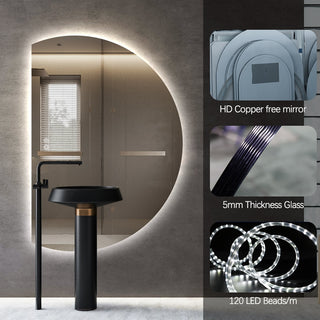 Half Left Cut Round Moon Backlit Frameless LED Wall Mirror 130cm x 91cm