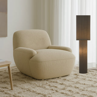 Alcona green khaki floor lamp styled beside beige armchair in modern living room.
