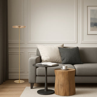 Telbix Amity LED floor lamp in brass with amber glass shade, featuring slim minimalist design and adjustable head.