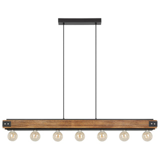 Wooden pendant light with five spherical bulbs on a white background