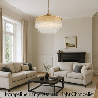 Living room with beige sofas, a coffee table, and a chandelier labeled 'Evangeline Large 90cm 12 Light Chandelier'.