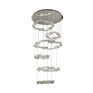 TELBIX JURA 6 TIER PENDANT. Large crystal chandeliers for voids, Modern LED crystal pendants for staircases, large modern crystal multi ring pendants