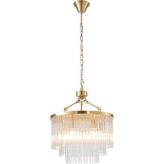 Gold chandelier with clear glass shade on a white background