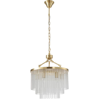 Gold chandelier with clear glass shades on a white background