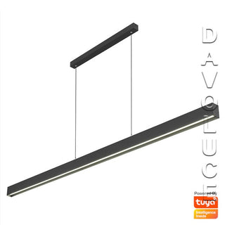 Telbix NAVARO 240cm 60w Smart LED Pendant. Smart LED Linear Pendant lights. smart lights for google home, smart linear led light fixture. Using the smart phone app you can control the warmth and brightness of the light, and full remote operation of scene 