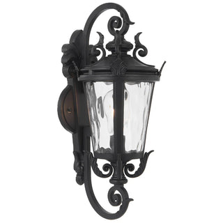 Decorative black outdoor wall light fixture with clear glass on a white background