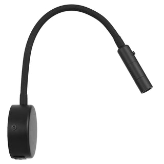 Black wall-mounted light fixture with flexible arm on a white background