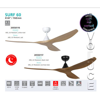 Eglo 20550116 SURF 60'' DC White Ceiling Fan With Blades Finished in Oak from $404.00