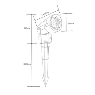 Technical drawing of a garden light with dimensions labeled