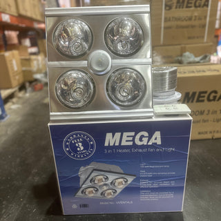 “Stainless steel bathroom exhaust fan combo with 4 heat lamps and square cutout”
