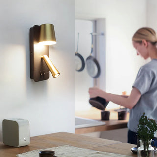 Pair of Serena LED Wall Lights mounted in hallway above bench seat – black and brass finish