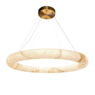 Ring-shaped marble LED pendant light with gold fixture on a white background -