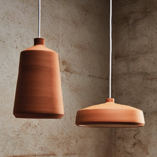 Flame Spanish handmade pendant lights, clay pendant lights By Pott from Davoluce Lighting. Terracotta pendant lights on display at Davoluce Lighting Showroom in Melbourne. Designed and made in Spain by Miguel Ángel García Belmonte.