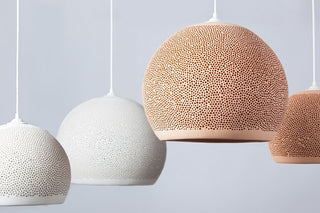 Sponge UP Spanish handmade pendant lights, clay pendant lights By Pott from Davoluce Lighting. Terracotta pendant lights on display at Davoluce Lighting Showroom in Melbourne. Designed and made in Spain by Miguel Ángel García Belmonte.