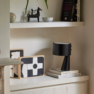 Mayfield Zentra Black Table Lamp 1601BLK styled on shelf modern interior lighting