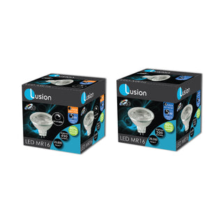 Lusion MR16 full glass LED lamp packaging showing dimmable 5W specifications