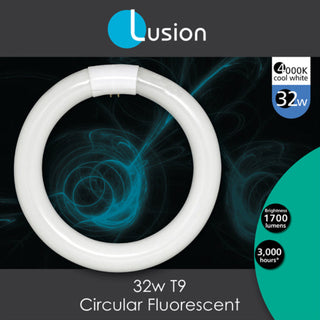 Lusion 32w T9 Circular Fluorescent light bulb packaging with product image and specifications.