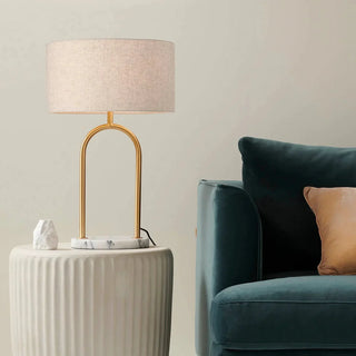 Mayfield Banks Table Lamp - 1383 -Table lamp in satin brass & white marble with a 35cm shade in flax.