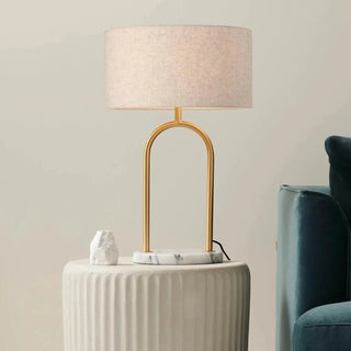 Mayfield Banks Table Lamp - 1383 -Table lamp in satin brass & white marble with a 35cm shade in flax.