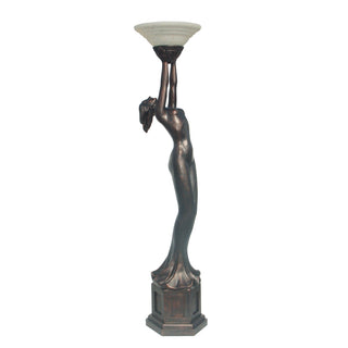 Upstretched Lady Floor Lamp in bronze brown with raised arms supporting a glass bowl shade.