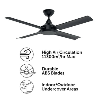 Black ceiling fan with features listed on a white background