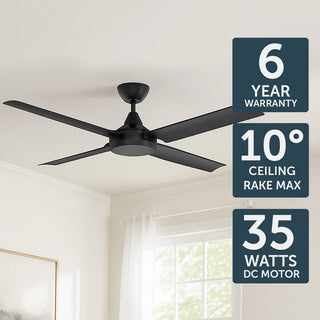 Black ceiling fan in a room with specifications displayed on the screen.