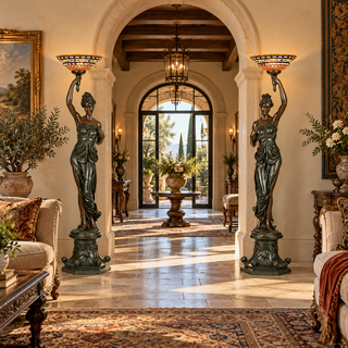 2 Greek Goddess Floor Lamps in a luxury villa