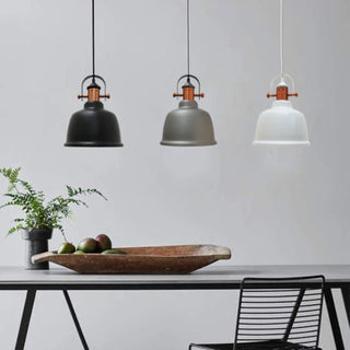 Three pendant lights hanging above a dining table with a plant and bowl on it.