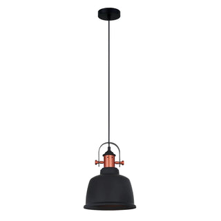 Black pendant light with copper accents on a white background