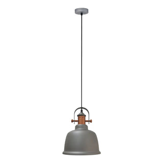 Gray pendant light with wooden accents on a white background