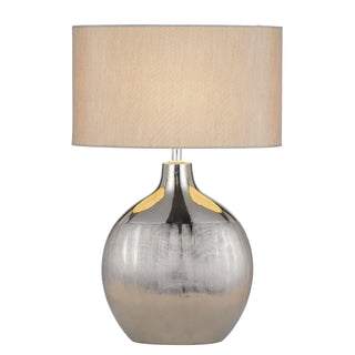 Ancora ceramic table lamp silver base with beige fabric shade on white background