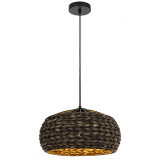 Woven pendant light with black fixture on a white background