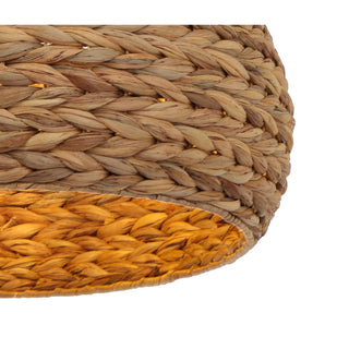 Close-up of a woven basket with two-tone brown and orange pattern on a white background