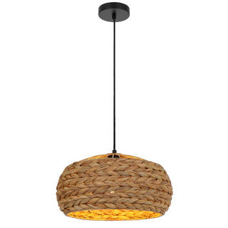 Woven pendant light with a black fixture on a white background