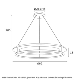 Technical drawing of a pendant light with dimensions on a white background