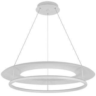 Modern pendant light with two circular shades on a white background