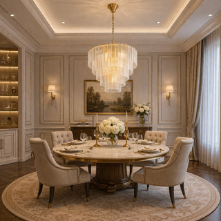 alara chandelier satin brass installed luxury bedroom lighting setting