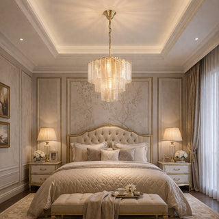 alara chandelier satin brass installed bedroom lighting setting
