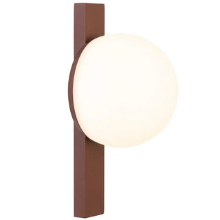 Bernay exterior LED wall light in Corten with illuminated opal spherical diffuser by Telbix