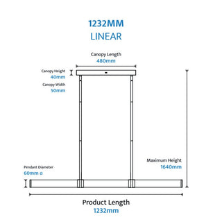 Technical drawing of a linear product with dimensions labeled