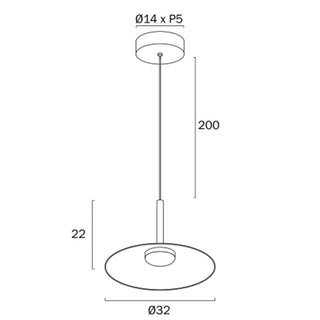 Technical drawing of a pendant light with dimensions on a white background