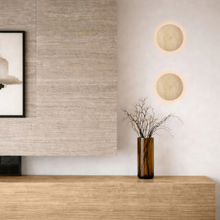 Beige travertine wall sconce integrated LED warm indirect illumination modern interior