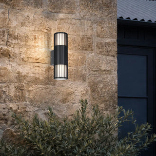 Telbix Cashel Black Twin Exterior Wall Light mounted on stone facade beside entryway
