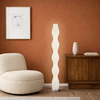 Telbix Cholla Floor Lamp styled in modern interior with warm textured wall and timber cabinet