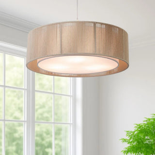 CUSCO 50 Pendant in Natural Rope and White – hanging above dining table in coastal interior
