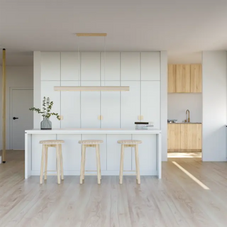Lifestyle image – Inspire Travertine Pendant in open-plan kitchen