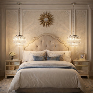 Calista small brushed nickel chandelier in luxury bedroom setting with soft ambient lighting